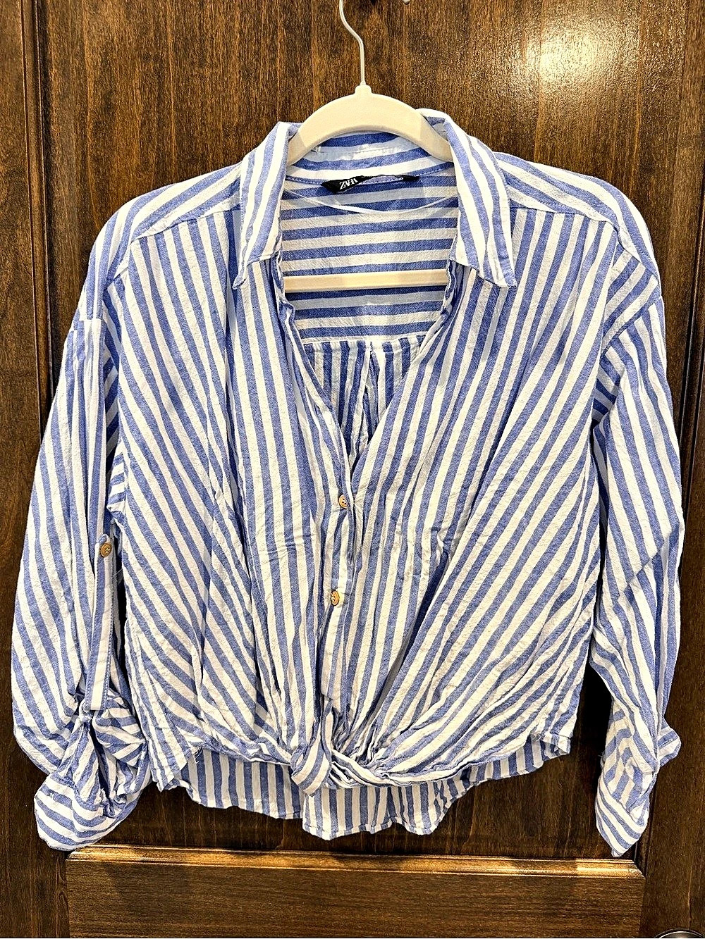 Zara Striped Gathered Hem Blouse in Blue & White Size XS